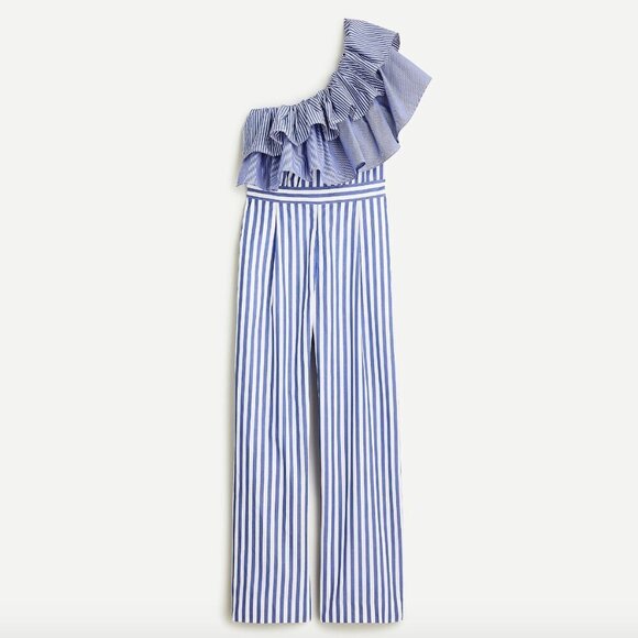 J. Crew One-shoulder Ruffle Jumpsuit in Blue & White Mixed Stripe 0 - Picture 4 of 7